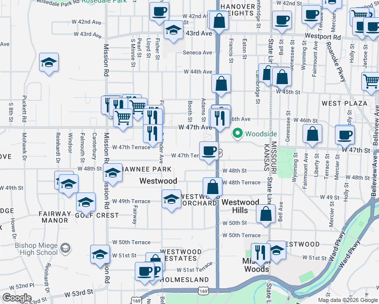 map of restaurants, bars, coffee shops, grocery stores, and more near 2413 West 47th Terrace in Westwood