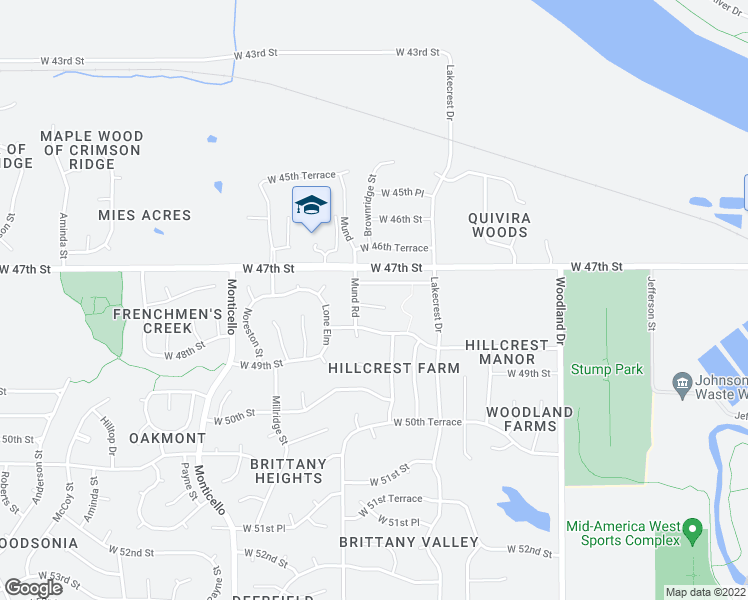 map of restaurants, bars, coffee shops, grocery stores, and more near 21426 West 47th Court in Shawnee