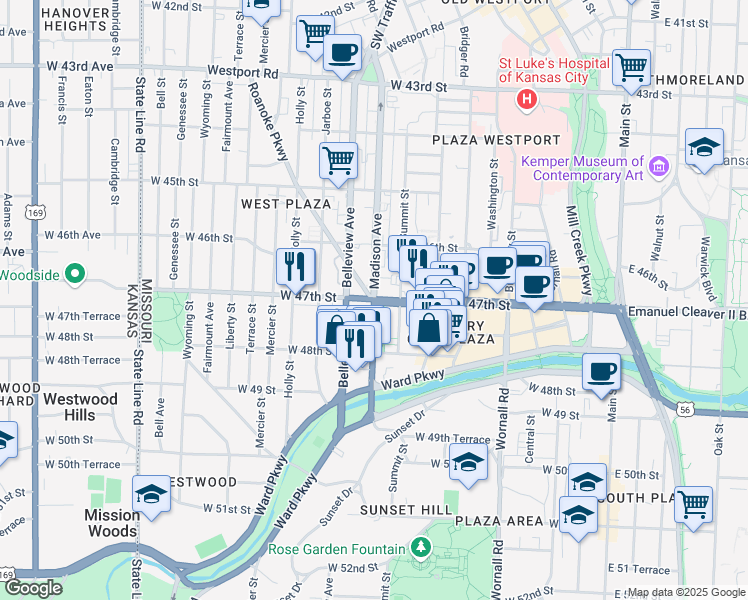 map of restaurants, bars, coffee shops, grocery stores, and more near W 47th St in Kansas City