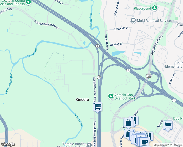 map of restaurants, bars, coffee shops, grocery stores, and more near 45306 Kincora Drive in Sterling
