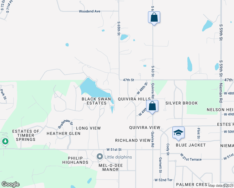 map of restaurants, bars, coffee shops, grocery stores, and more near 4725 Black Swan Drive in Shawnee