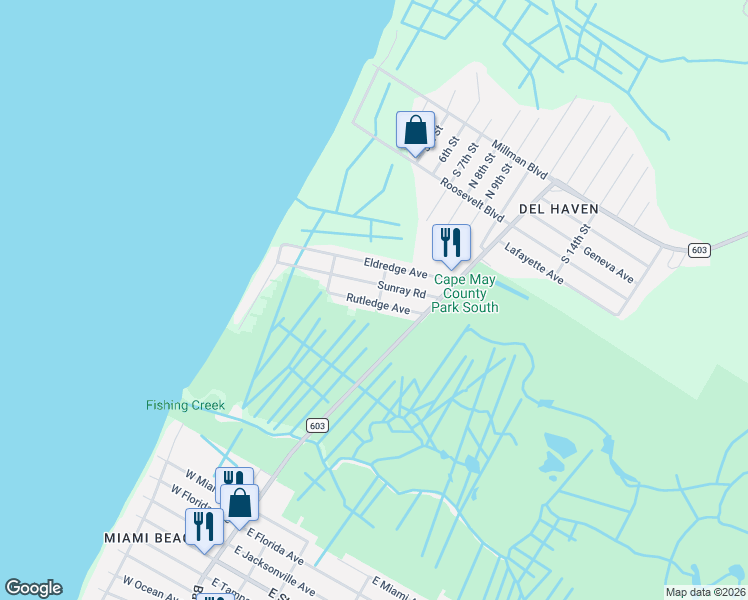 map of restaurants, bars, coffee shops, grocery stores, and more near 13 Rutledge Avenue in Cape May County