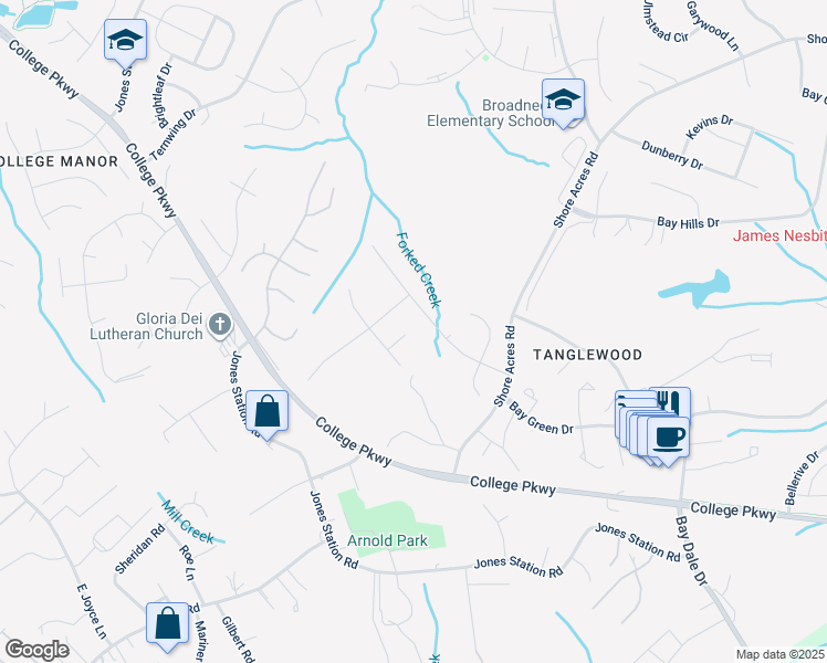 map of restaurants, bars, coffee shops, grocery stores, and more near 1250 Crowell Court in Arnold