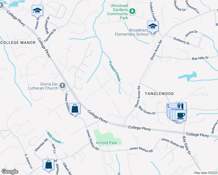 map of restaurants, bars, coffee shops, grocery stores, and more near 1256 Crowell Court in Arnold