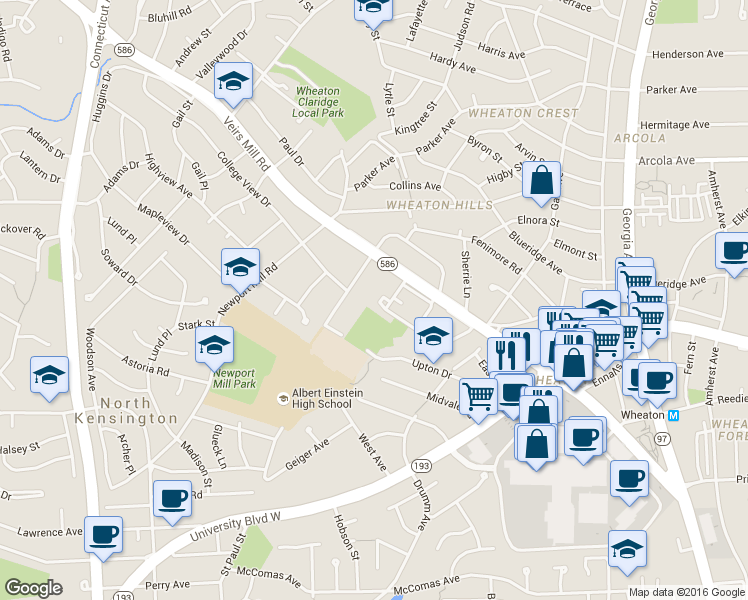 map of restaurants, bars, coffee shops, grocery stores, and more near 2887 Schoolhouse Circle in Silver Spring