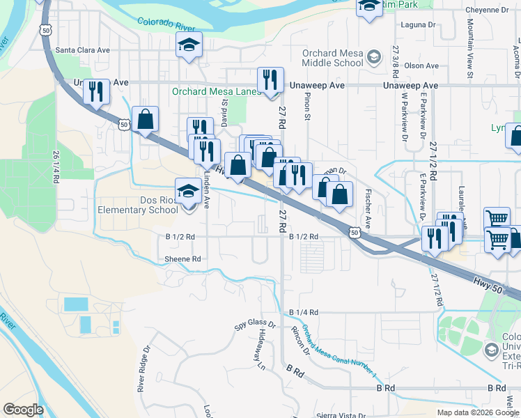 map of restaurants, bars, coffee shops, grocery stores, and more near 2693 U.S. 50 in Grand Junction