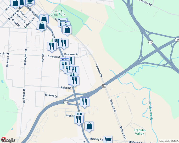 map of restaurants, bars, coffee shops, grocery stores, and more near 134 Powell Drive in Jackson