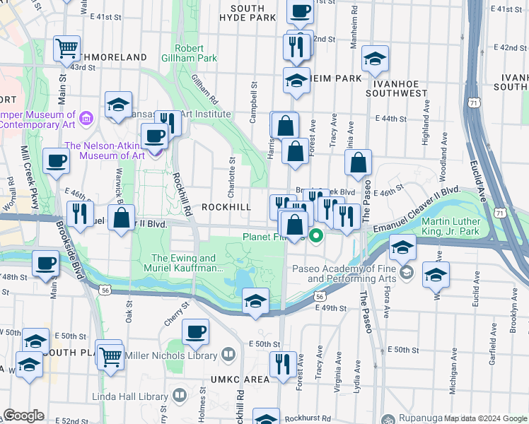 map of restaurants, bars, coffee shops, grocery stores, and more near 902 E Emanuel Cleaver II Boulevard in Kansas City