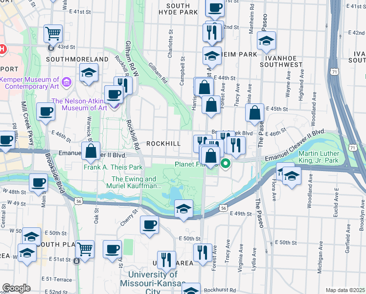 map of restaurants, bars, coffee shops, grocery stores, and more near 902 E Emanuel Cleaver II Boulevard in Kansas City