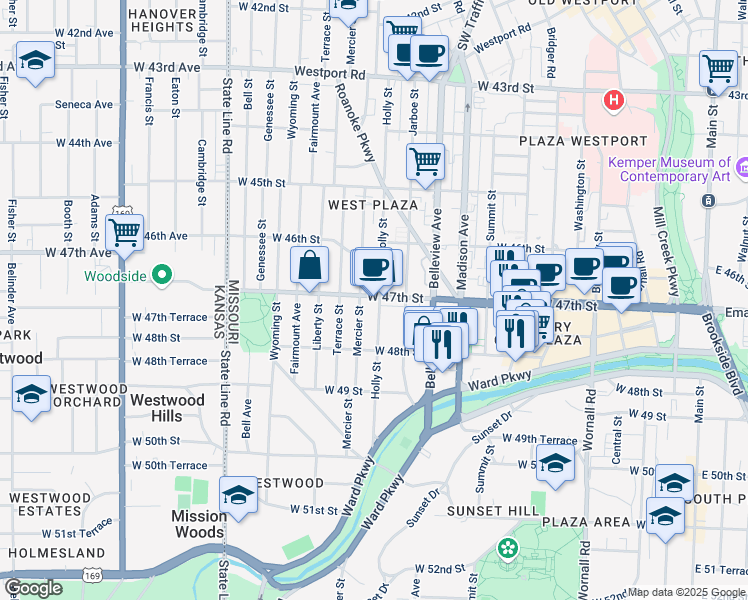 map of restaurants, bars, coffee shops, grocery stores, and more near 4717 Holly Street in Kansas City