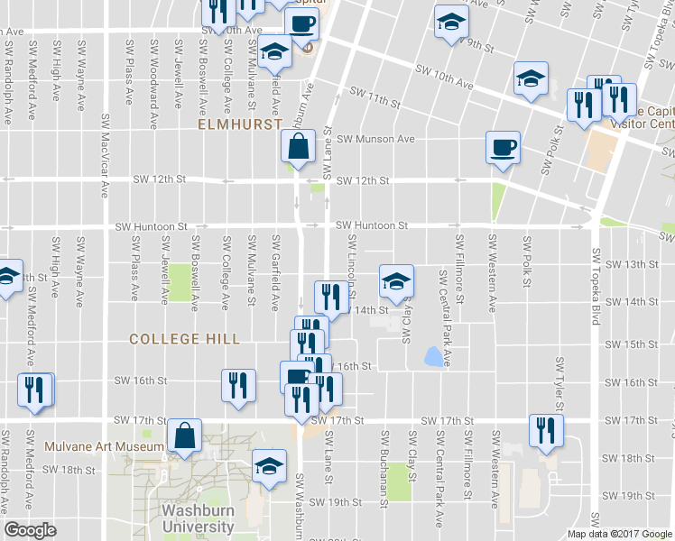 map of restaurants, bars, coffee shops, grocery stores, and more near 1310 Southwest Lane Street in Topeka