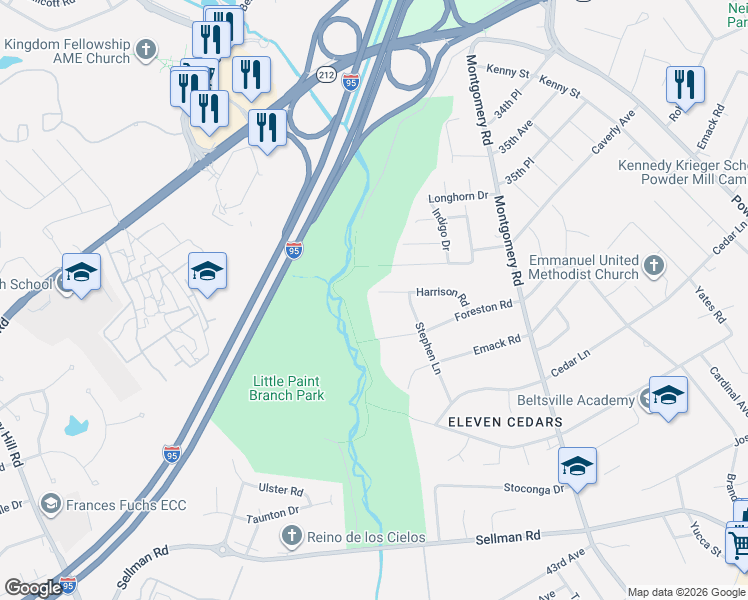 map of restaurants, bars, coffee shops, grocery stores, and more near 3901 Harrison Road in Beltsville