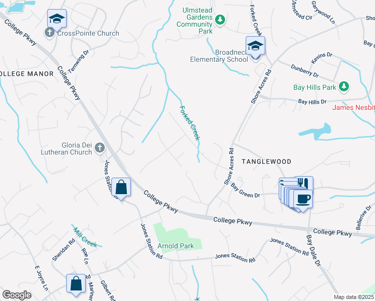 map of restaurants, bars, coffee shops, grocery stores, and more near 1250 Crowell Court in Arnold