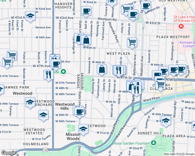 map of restaurants, bars, coffee shops, grocery stores, and more near 4704 Fairmount Avenue in Kansas City