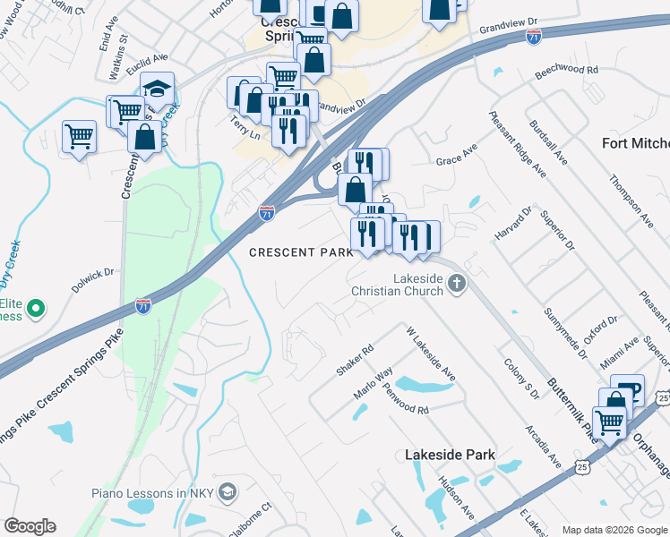map of restaurants, bars, coffee shops, grocery stores, and more near 2530 Chelsea Lane in Crescent Springs