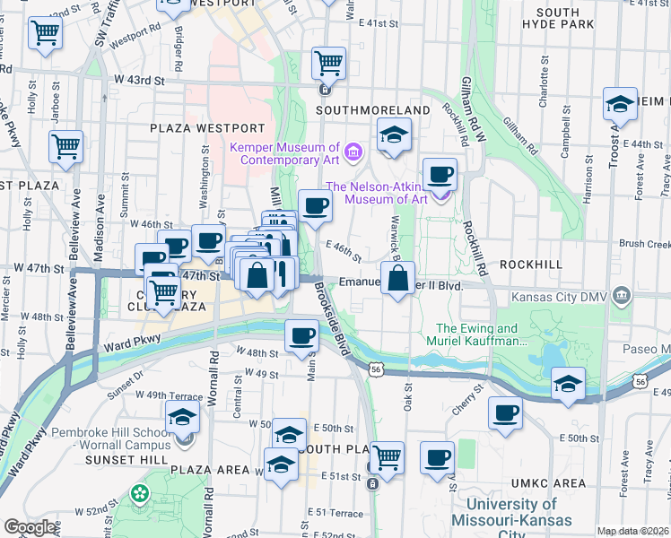 map of restaurants, bars, coffee shops, grocery stores, and more near 2 Emanuel Cleaver II Boulevard in Kansas City