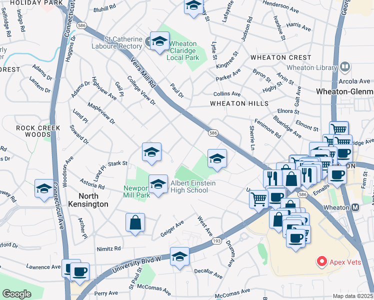 map of restaurants, bars, coffee shops, grocery stores, and more near 11310 Norris Drive in Silver Spring