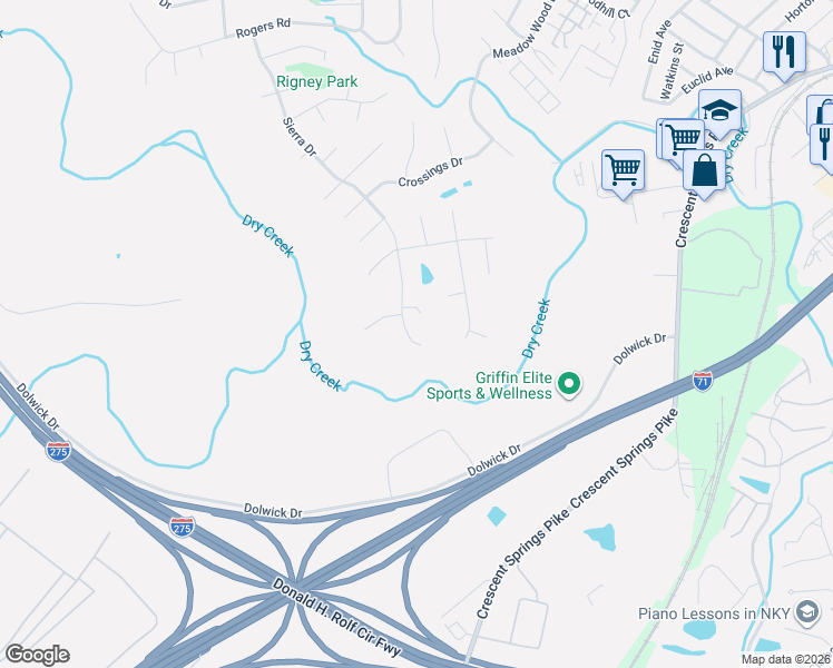 map of restaurants, bars, coffee shops, grocery stores, and more near 2428 Sierra Drive in Crescent Springs