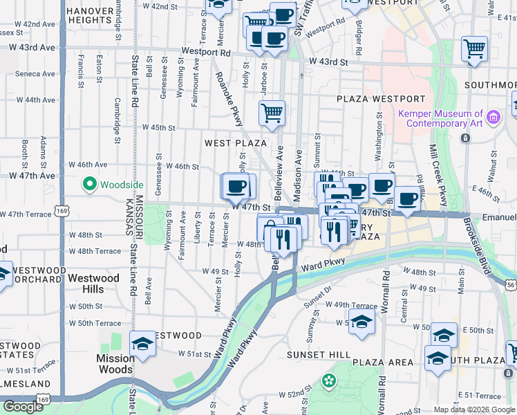 map of restaurants, bars, coffee shops, grocery stores, and more near West 47th Street & Jarboe Street in Kansas City