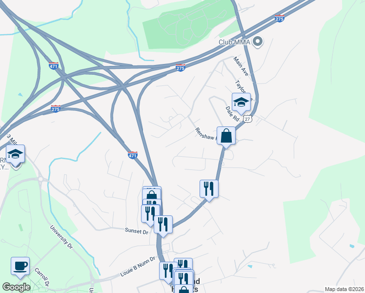 map of restaurants, bars, coffee shops, grocery stores, and more near 127 Bramble Avenue in Highland Heights