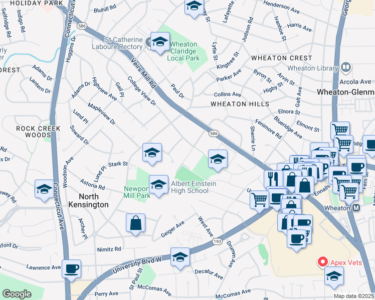 map of restaurants, bars, coffee shops, grocery stores, and more near 11310 Norris Drive in Silver Spring