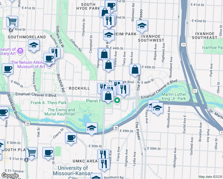 map of restaurants, bars, coffee shops, grocery stores, and more near 1110 Emanuel Cleaver II Boulevard in Kansas City
