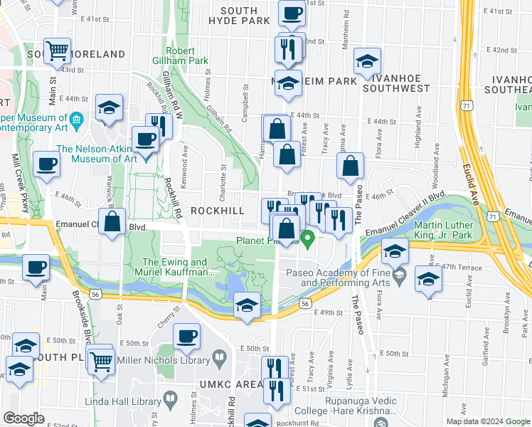 map of restaurants, bars, coffee shops, grocery stores, and more near 4641 Harrison Street in Kansas City