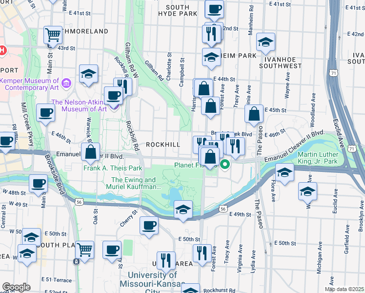 map of restaurants, bars, coffee shops, grocery stores, and more near 902 E Emanuel Cleaver II Boulevard in Kansas City