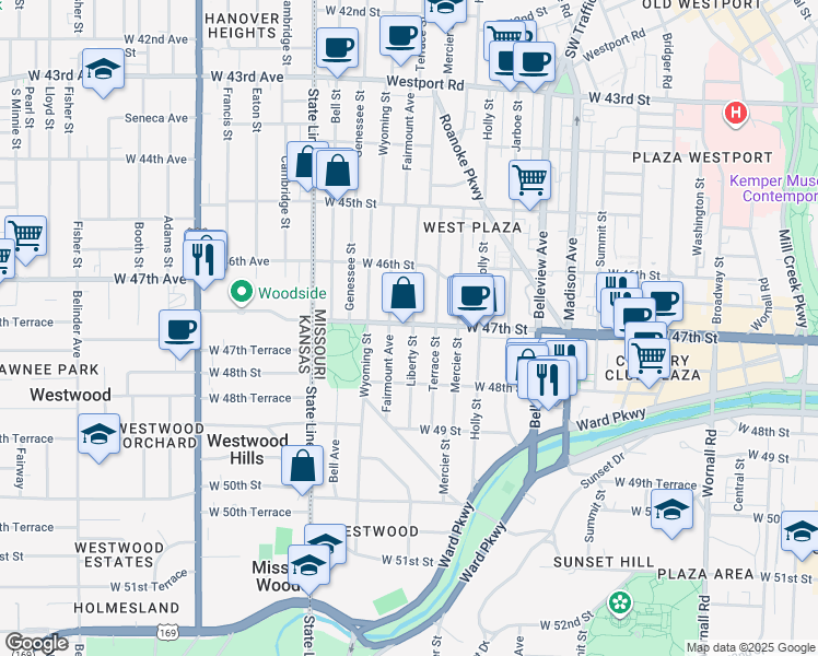 map of restaurants, bars, coffee shops, grocery stores, and more near 4716 Liberty Street in Kansas City