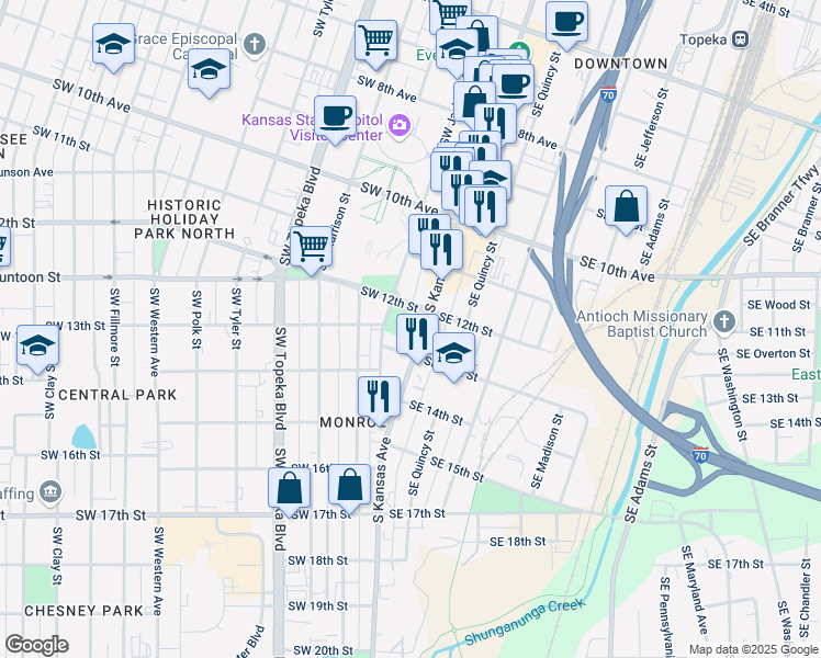 map of restaurants, bars, coffee shops, grocery stores, and more near 1235 South Kansas Avenue in Topeka