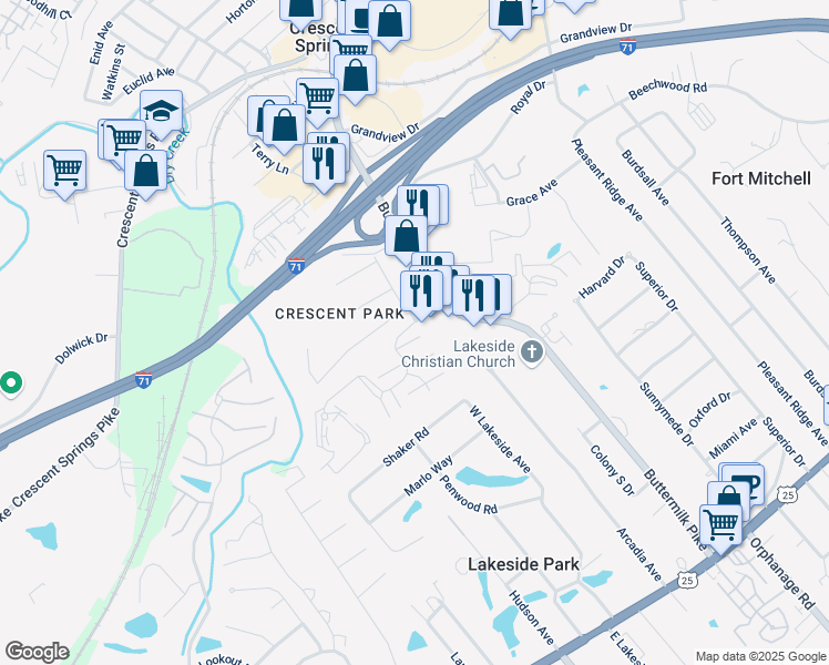 map of restaurants, bars, coffee shops, grocery stores, and more near 2530 Chelsea Lane in Crescent Springs