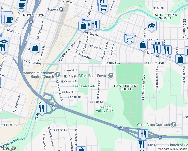 map of restaurants, bars, coffee shops, grocery stores, and more near 1112 Southeast Lime Street in Topeka