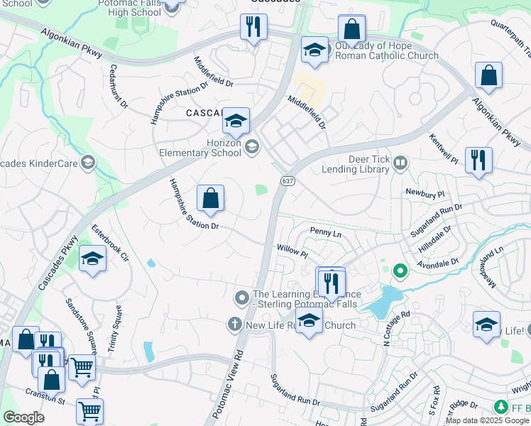 map of restaurants, bars, coffee shops, grocery stores, and more near 46663 Winterset Court in Sterling