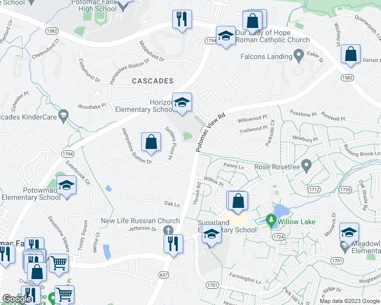 map of restaurants, bars, coffee shops, grocery stores, and more near 46663 Winterset Court in Sterling