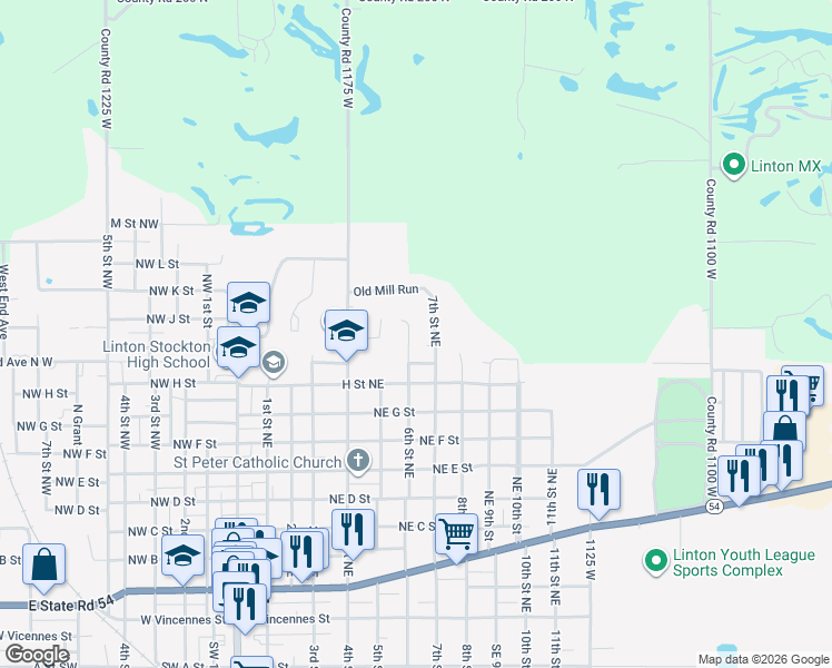 map of restaurants, bars, coffee shops, grocery stores, and more near 839 6th Street Northeast in Linton