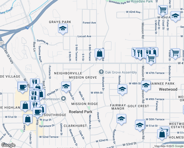 map of restaurants, bars, coffee shops, grocery stores, and more near 4750 Neosho Lane in Roeland Park