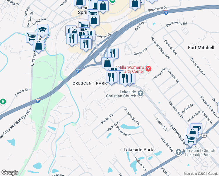 map of restaurants, bars, coffee shops, grocery stores, and more near 2530 Chelsea Lane in Crescent Springs