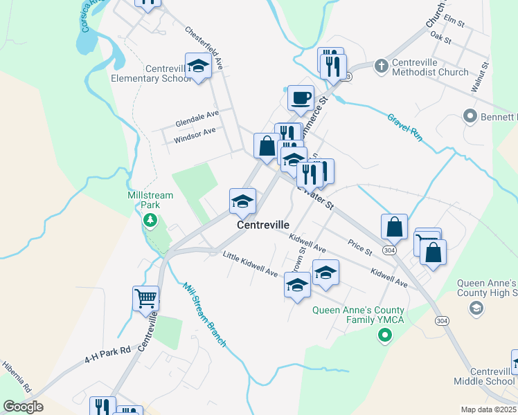 map of restaurants, bars, coffee shops, grocery stores, and more near 205 South Commerce Street in Centreville