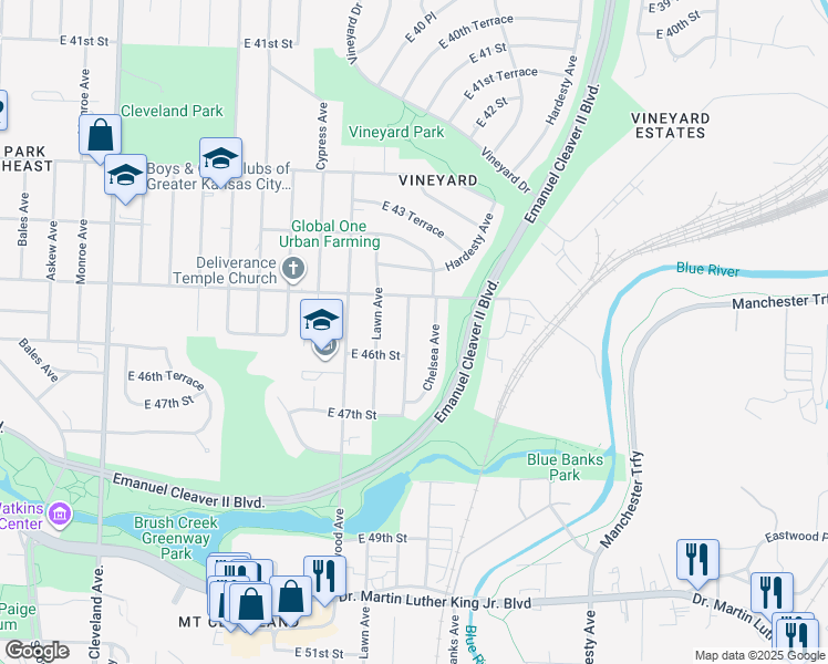 map of restaurants, bars, coffee shops, grocery stores, and more near 4559 Lister Avenue in Kansas City