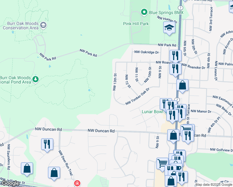 map of restaurants, bars, coffee shops, grocery stores, and more near 2100 Northwest Hines Court in Blue Springs