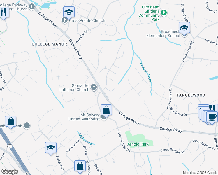 map of restaurants, bars, coffee shops, grocery stores, and more near 1209 Springwood Court in Arnold