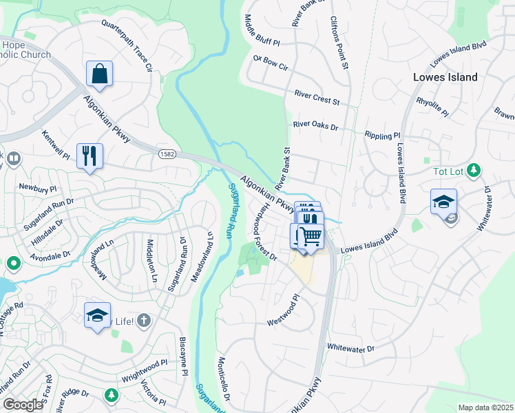 map of restaurants, bars, coffee shops, grocery stores, and more near 47335 Rock Falls Terrace in Sterling