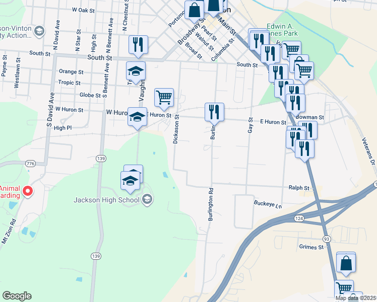 map of restaurants, bars, coffee shops, grocery stores, and more near 122 Dickason Street in Jackson
