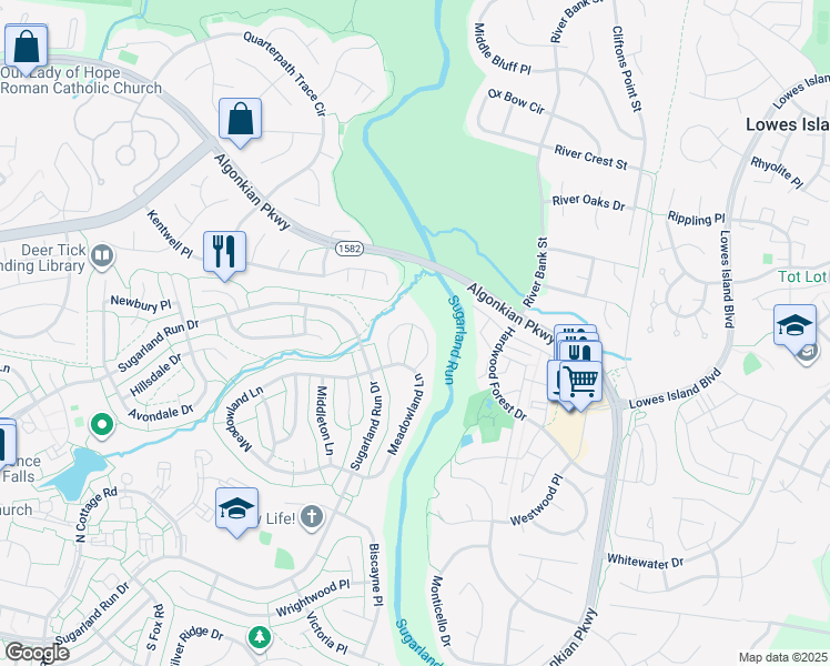 map of restaurants, bars, coffee shops, grocery stores, and more near 11 Brookfield Circle in Sterling