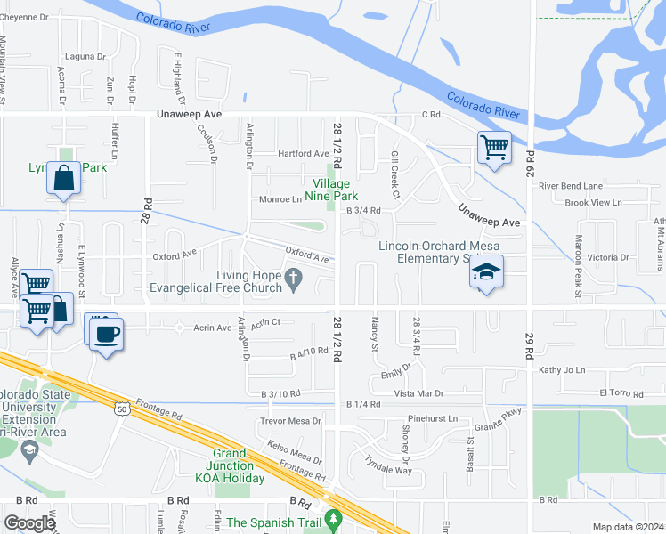 map of restaurants, bars, coffee shops, grocery stores, and more near 2847 Oxford Avenue in Grand Junction