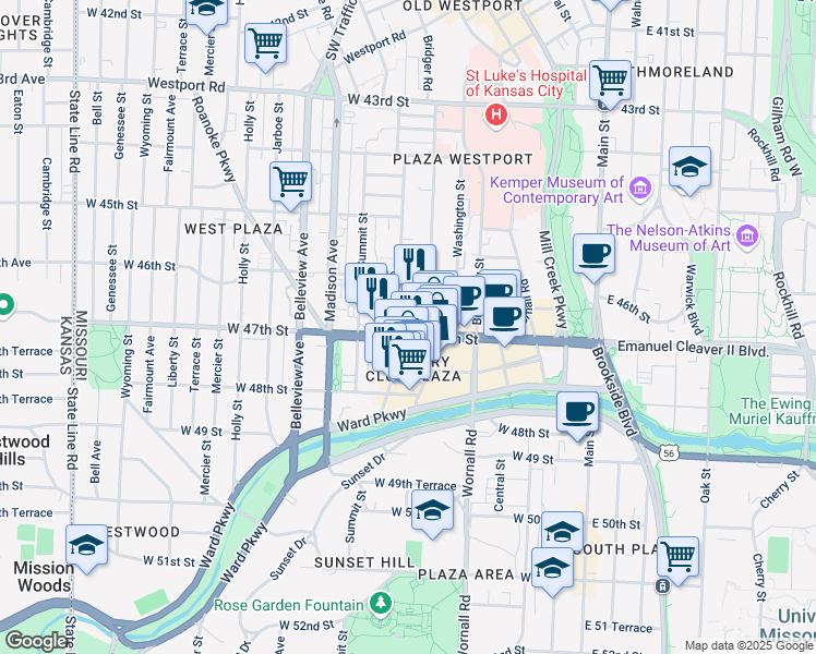 map of restaurants, bars, coffee shops, grocery stores, and more near 701 West 47th Street in Kansas City