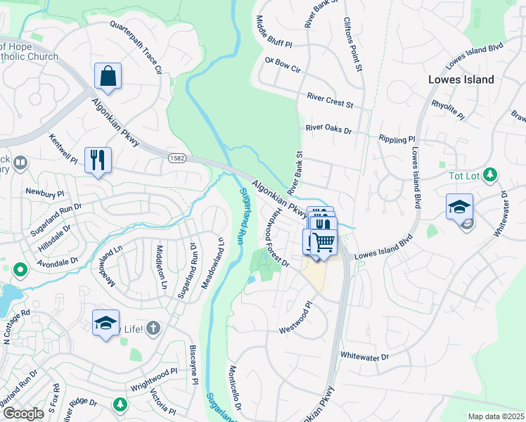 map of restaurants, bars, coffee shops, grocery stores, and more near 20690 Waterfall Branch Terrace in Sterling