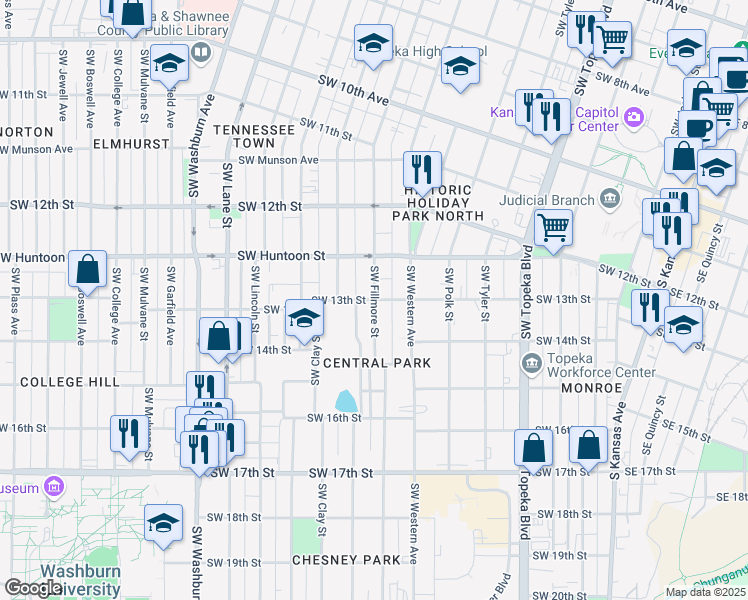 map of restaurants, bars, coffee shops, grocery stores, and more near Southwest Fillmore Street in Topeka