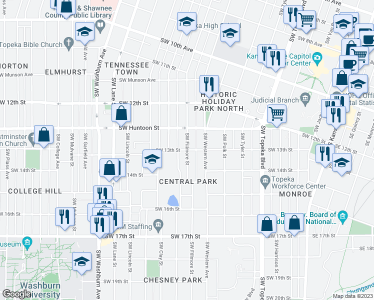 map of restaurants, bars, coffee shops, grocery stores, and more near Southwest Fillmore Street in Topeka