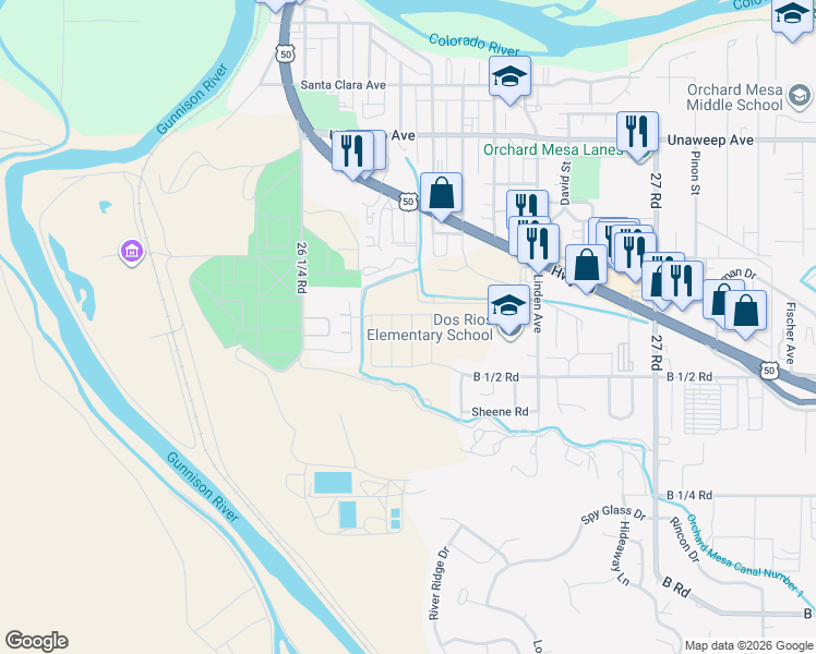 map of restaurants, bars, coffee shops, grocery stores, and more near 266 Gettysburg Street in Grand Junction